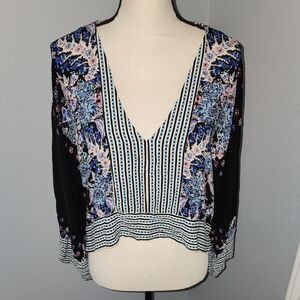 Free People Black and Blue Floral V-Neck Blouse